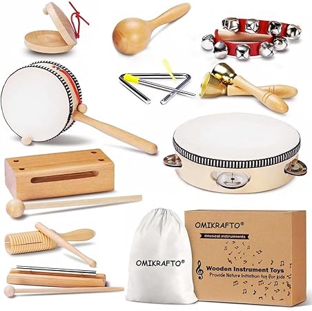 OMIKRAFTO Toddler Musical Instruments Natural Wooden Percussion Instruments Toy for Kids Preschool Educational, Musical Toys Set for Boys and Girls with Storage Bag